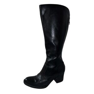 Born Black Leather Tall Knee High Rear Zip Block Heel Boots Womens Size 7/38